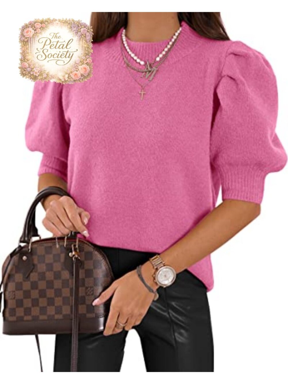 Puff Short Sleeve Knit Sweater Top Crew Neck Casual Blouse